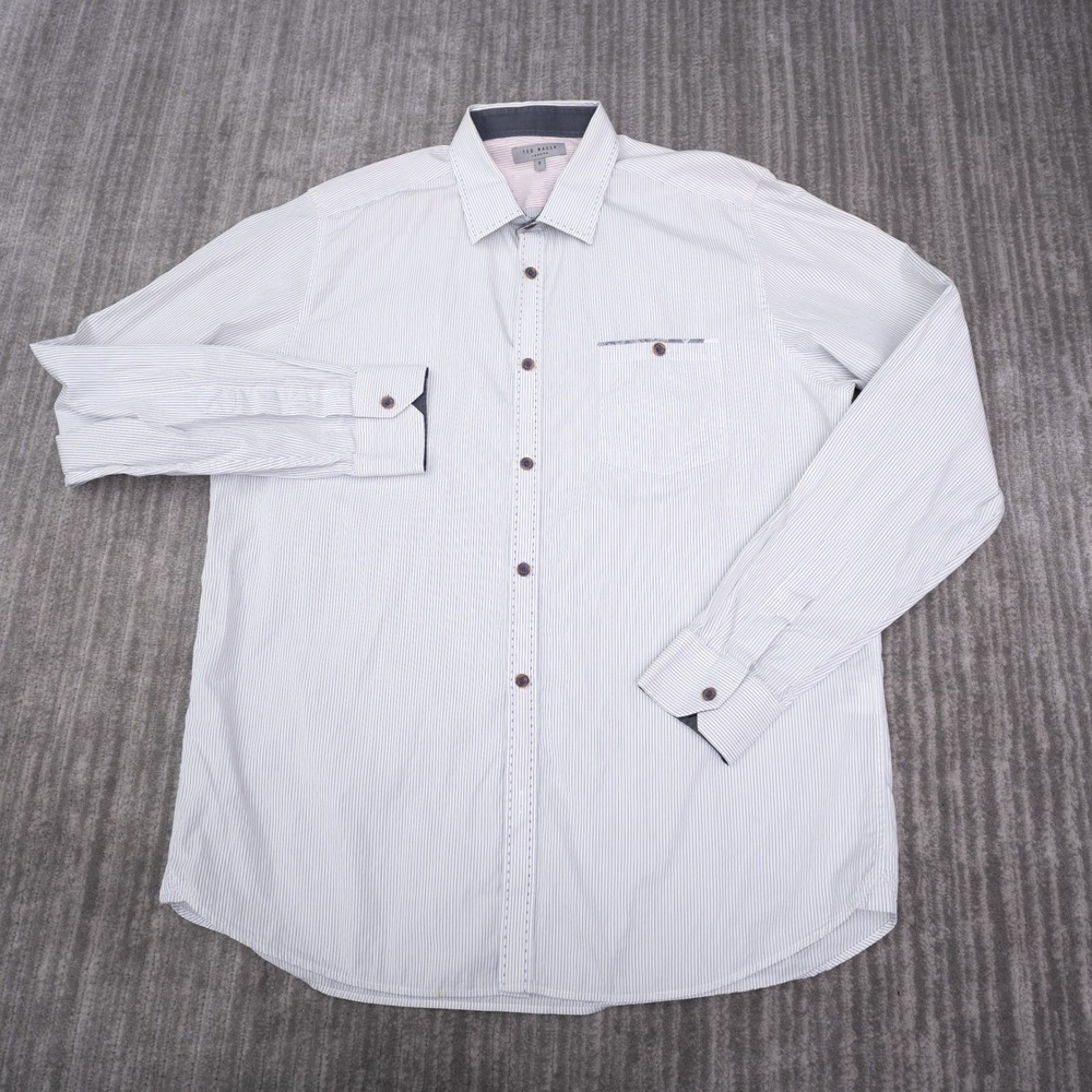 Ted Baker Button Down Shirt Mens 5 XL White Blue Stripe Excellent Cotton Ls